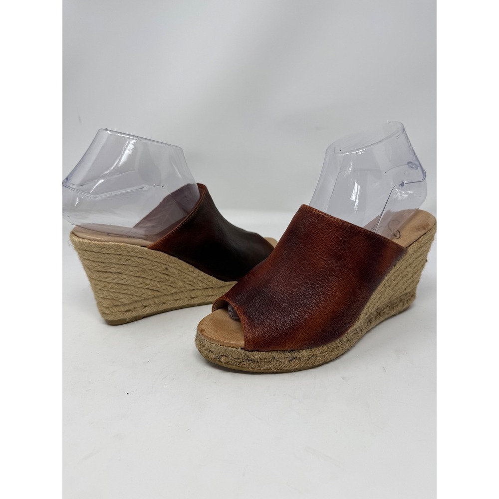 Gaimo Spain Brown Leather Espadrille Wedge Sandals Peep Toe Mules Women 38